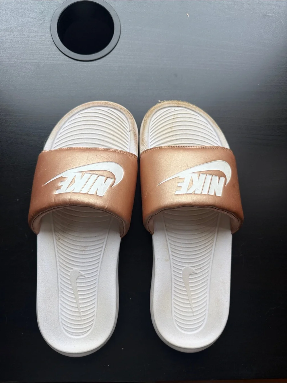 Nike Slides in Metallic Rose Gold and White